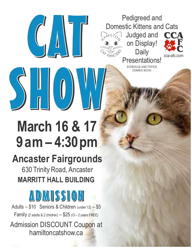 Cat Show March 16 & 17, 9am to 4:30pm